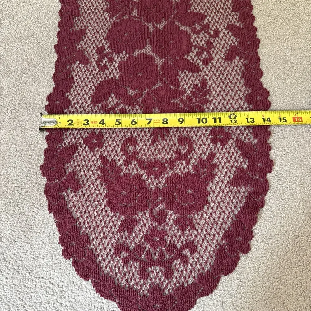Burgundy Rose Lace Table Runner 52x14 Floral Scalloped Victorian Vtg